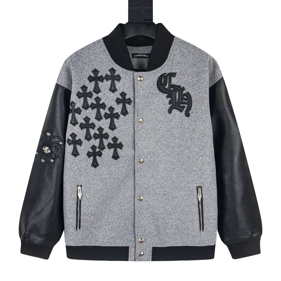 P380 model number Y612 Chrome Hearts Fw25 Chrome Hearts Sanskrit cross baseball jacket, same style for men and women, hot new product, original customized woolen fabric with a little thickness, early spring weather is still very good for the upper body, imported spliced pu leather sleeves, original molding and fine leather material, super heavy engineering design on the chest and back, exclusive custom cross metal decoration, customized loose fit, very handsome for both men and women, all details respect the original Mold customization of distressed cross snaps with incomparable distressed texture SIZE:M-XXL